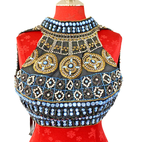 Sherri Hill Size 0 Beaded Cropped Halter Top Bustier Black Blue Gold Crystals - Picture 1 of 7
